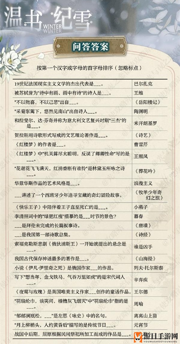 《光与夜之恋》温书纪雪答案大全分享
